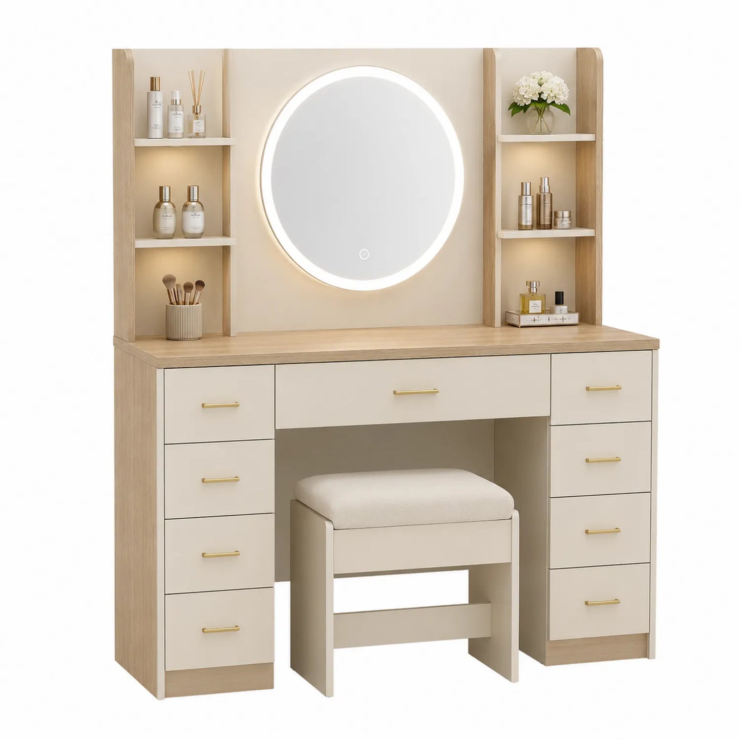 Toletta con Specchio Rotondo LED in Legno e MDF Beige