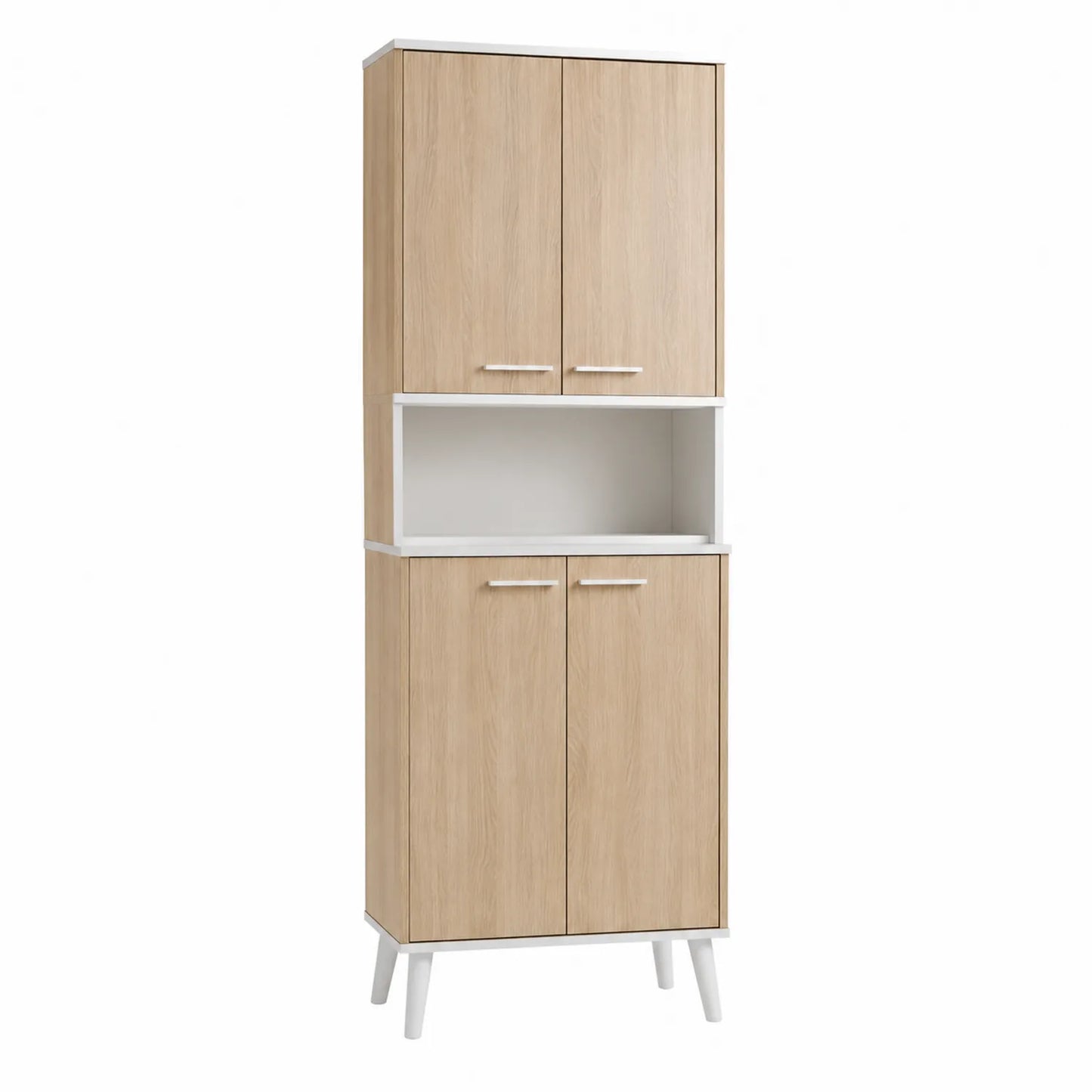 Credenza Alta in Legno con Ante e Ripiano Aperto, Colore Rovere e Bianco, 180x60x40 cm