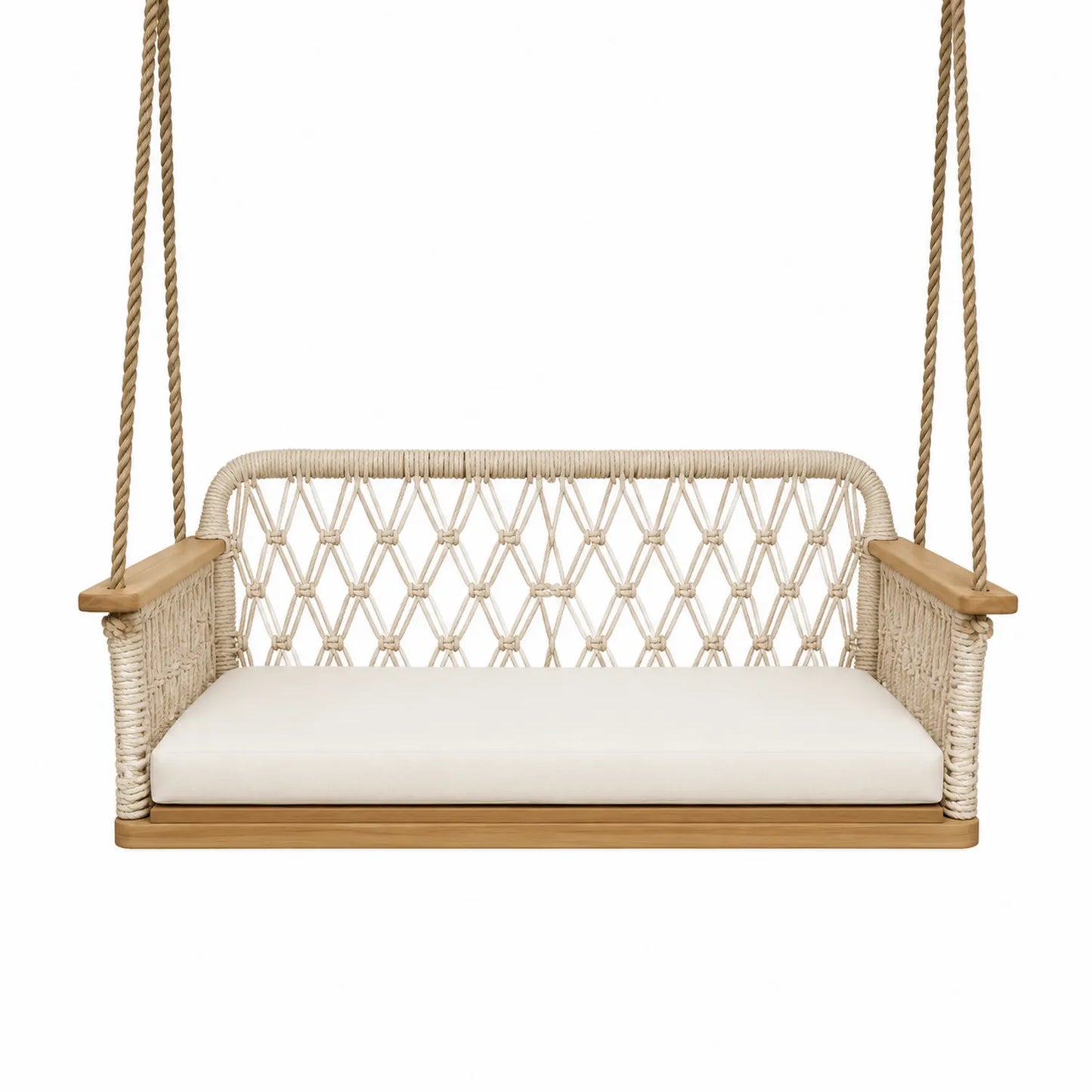 Sedia Sospesa in Legno di Teak e Corda Beige