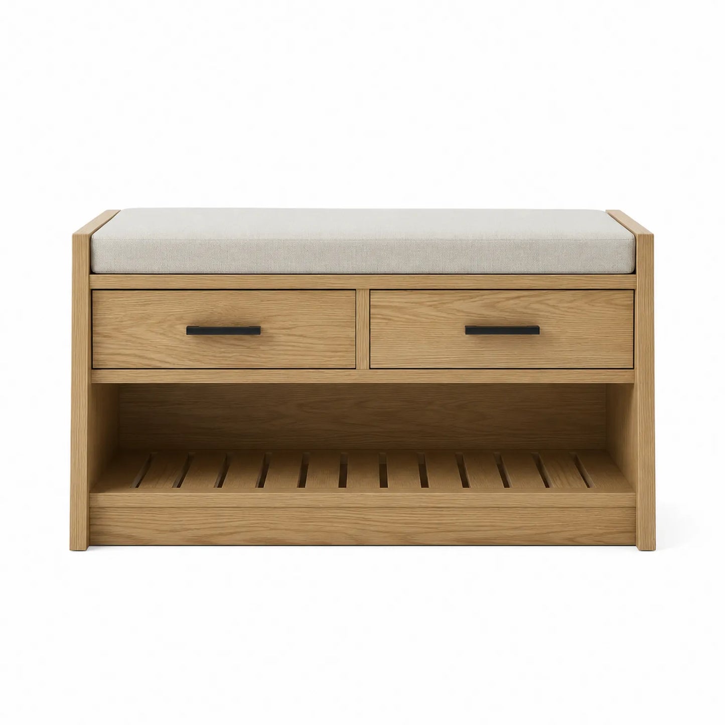 Panca in Legno con Cassetti e Seduta in Tessuto Beige