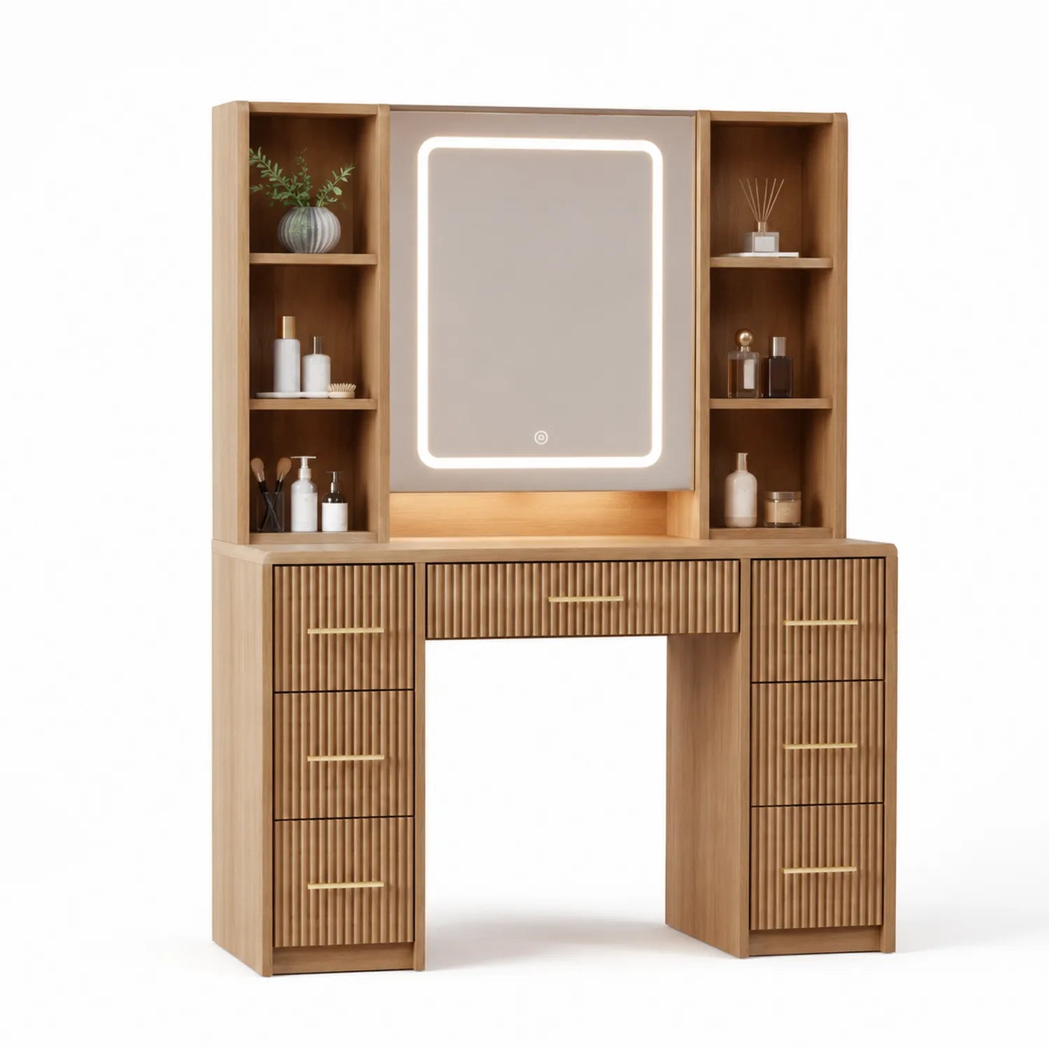 Toletta in legno quercia con specchio LED e cassetti