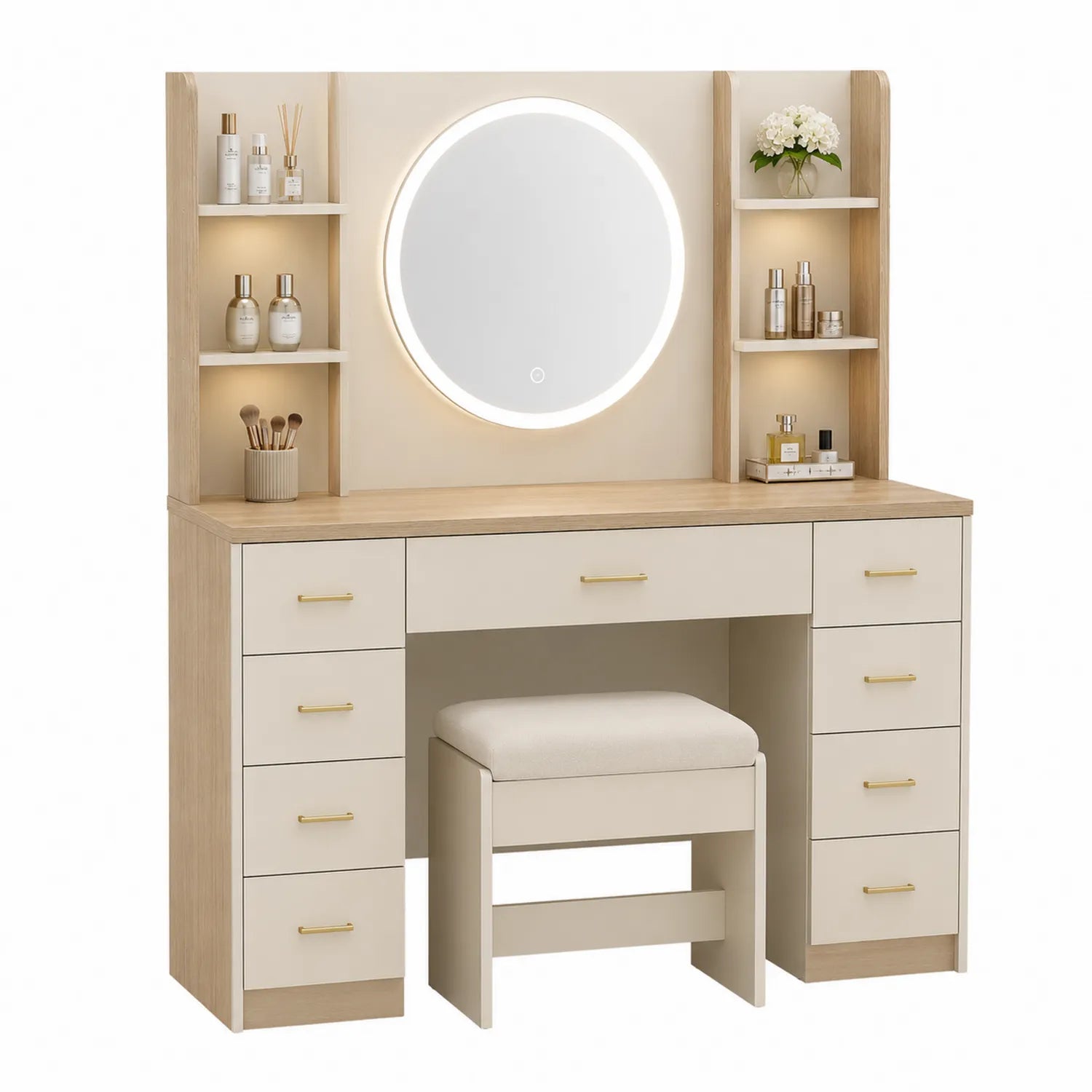 Toletta con Specchio Rotondo LED in Legno e MDF Beige
