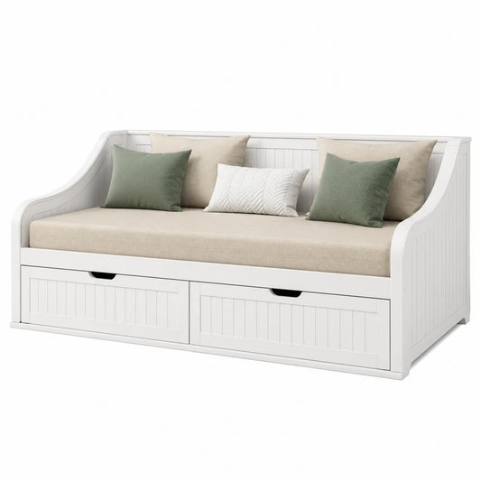 Sofa Letto in Legno con Cassetti Bianco