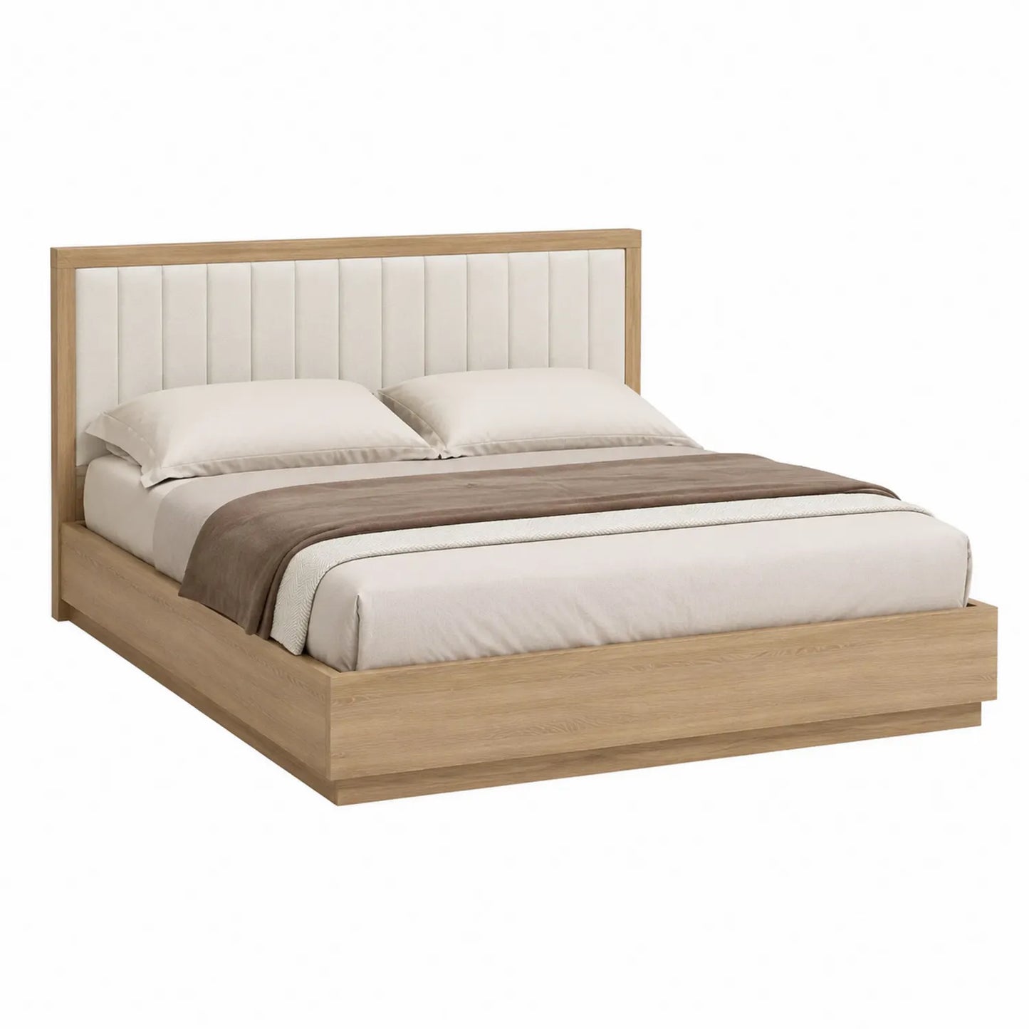 Letto in Legno Quercia con Testiera Imbottita in Tessuto Beige