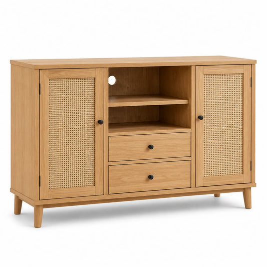 Mobile TV in Legno con Ante in Rattan, 120x40x80 cm, Naturale