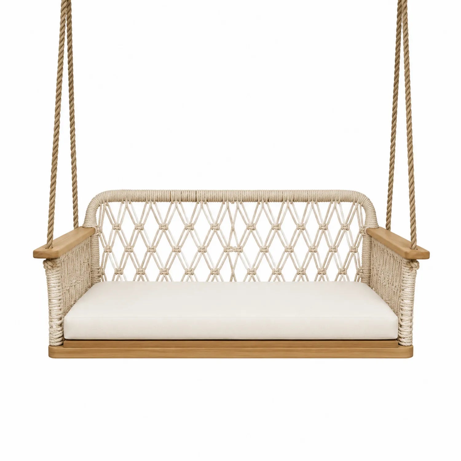 Sedia Sospesa in Legno di Teak e Corda Beige