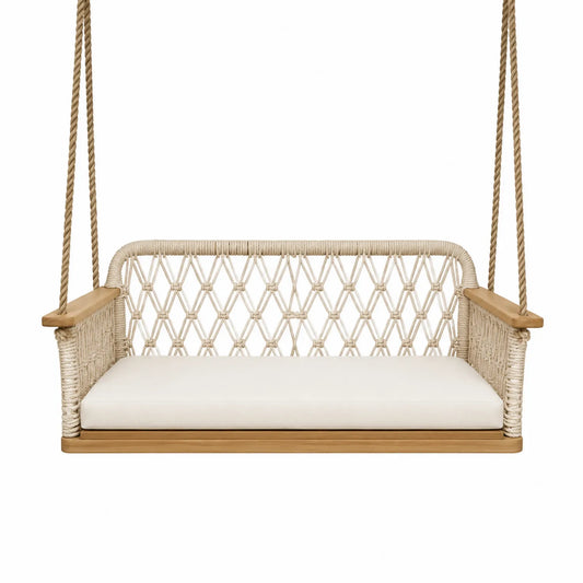 Sedia Sospesa in Legno di Teak e Corda Beige