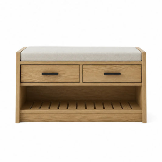 Panca in Legno con Cassetti e Seduta in Tessuto Beige