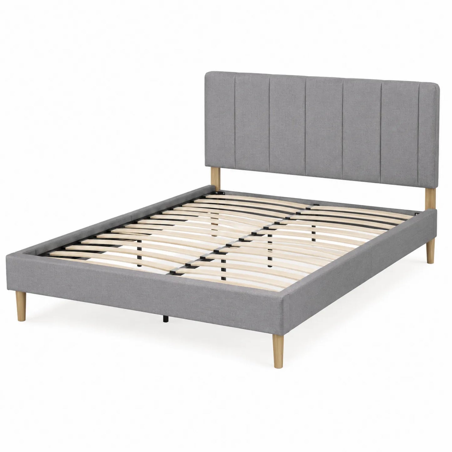 Letto matrimoniale in legno con testiera in tessuto grigio
