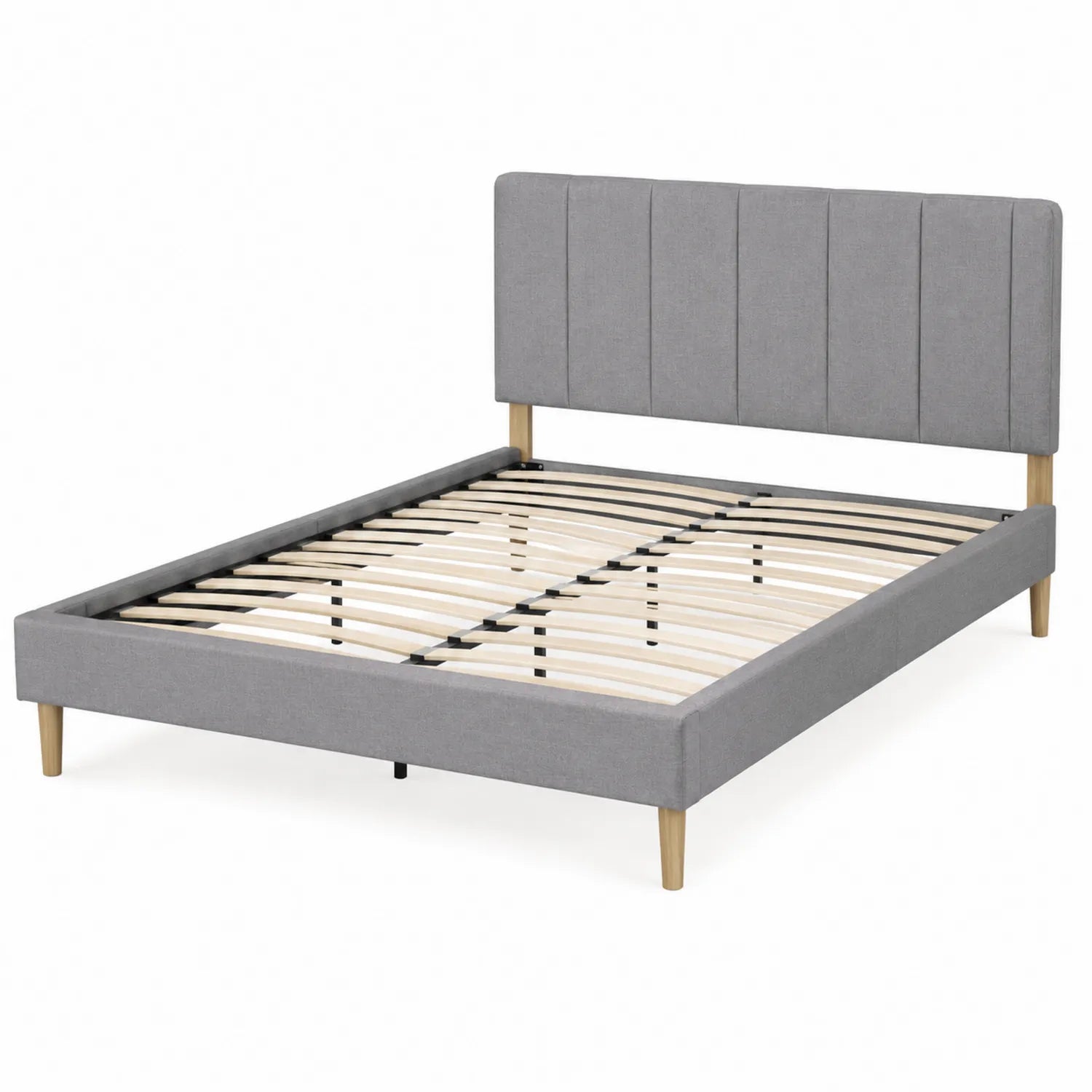 Letto matrimoniale in legno con testiera in tessuto grigio