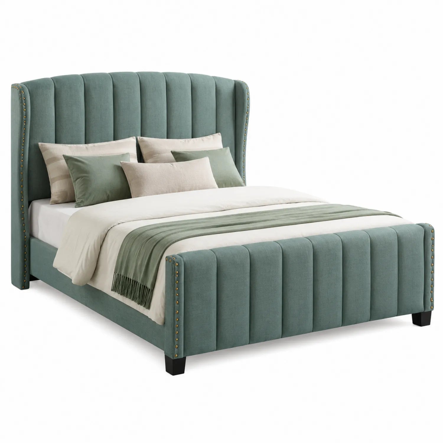 Letto in legno e poliestere verde con testiera e pediera a pannelli