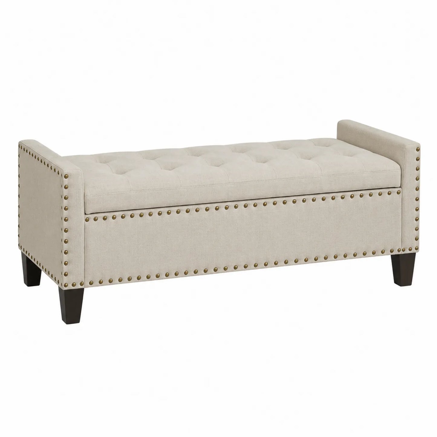 Panca in tessuto beige con dettagli in metallo e gambe in legno