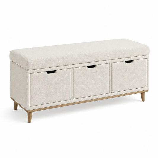 Panca imbottita con contenitore in legno e tessuto Beige